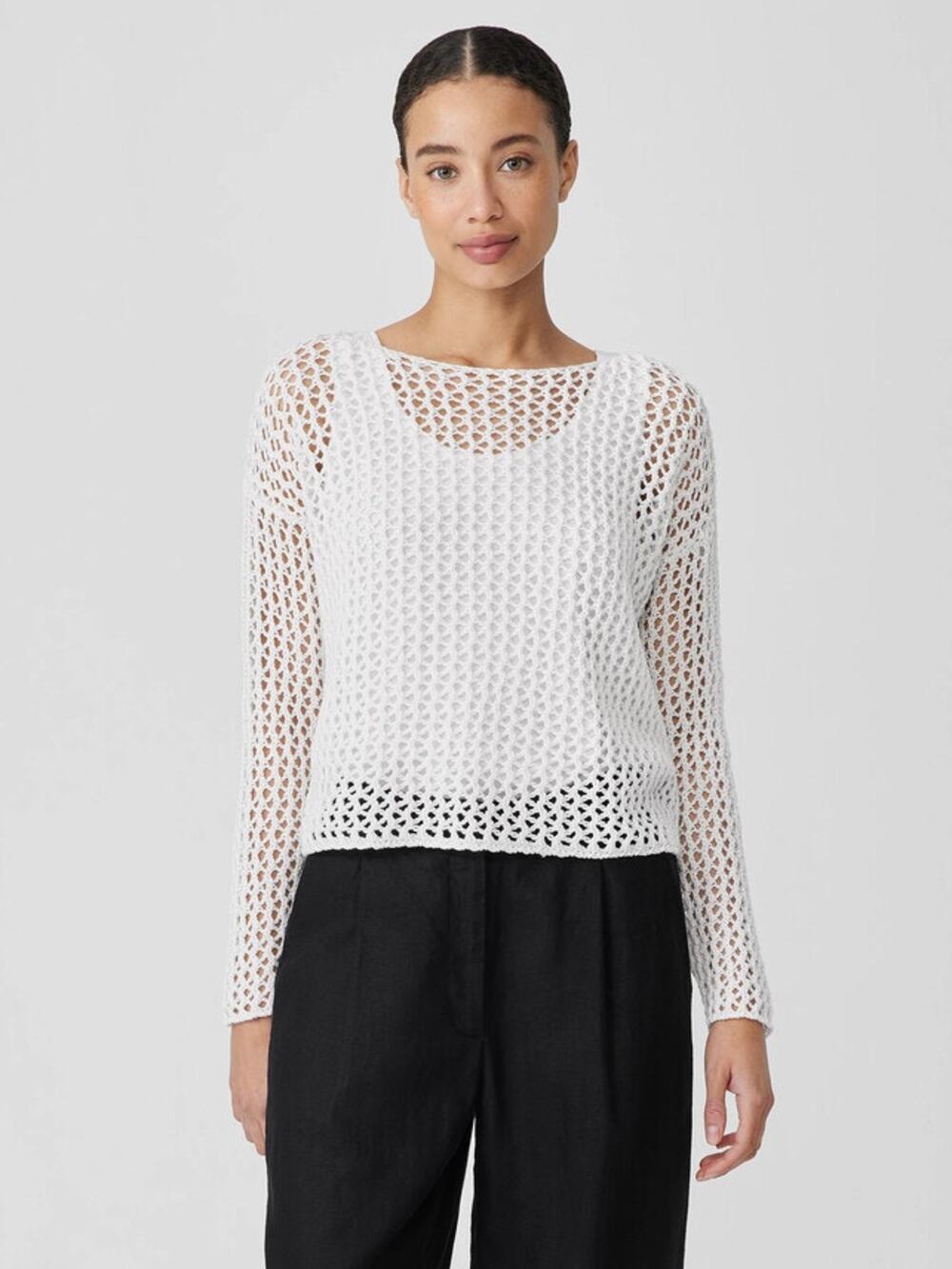 Eileen Fisher Organic Cotton Cord Bateau Neck Open Knit Sweater Cream Size XXS